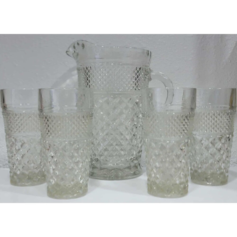 Vintage Crystal Diamond Cut Glass Pitcher + 4 Glasses Heavy Elegant 9 3/4” Tall